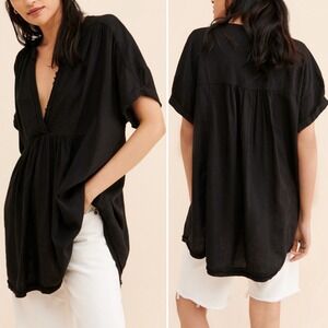 Free People Getaway With Me Tunic Top Small Black Linen V-Neck Short Sleeve Boho